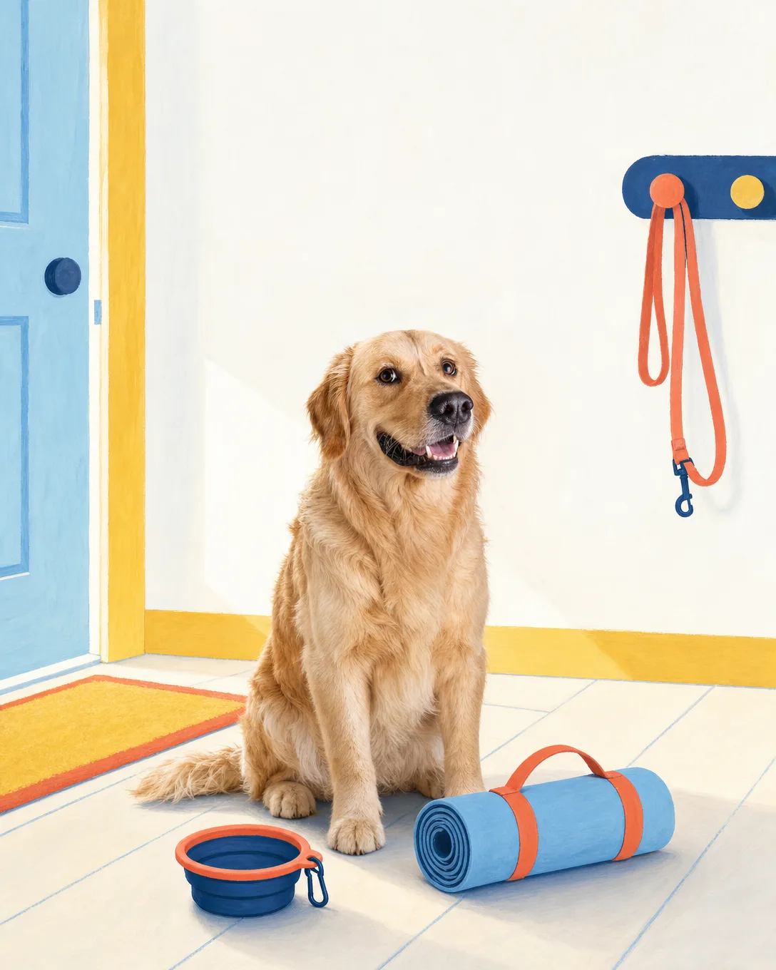 Merlot with his travel water bowl and mat by the door