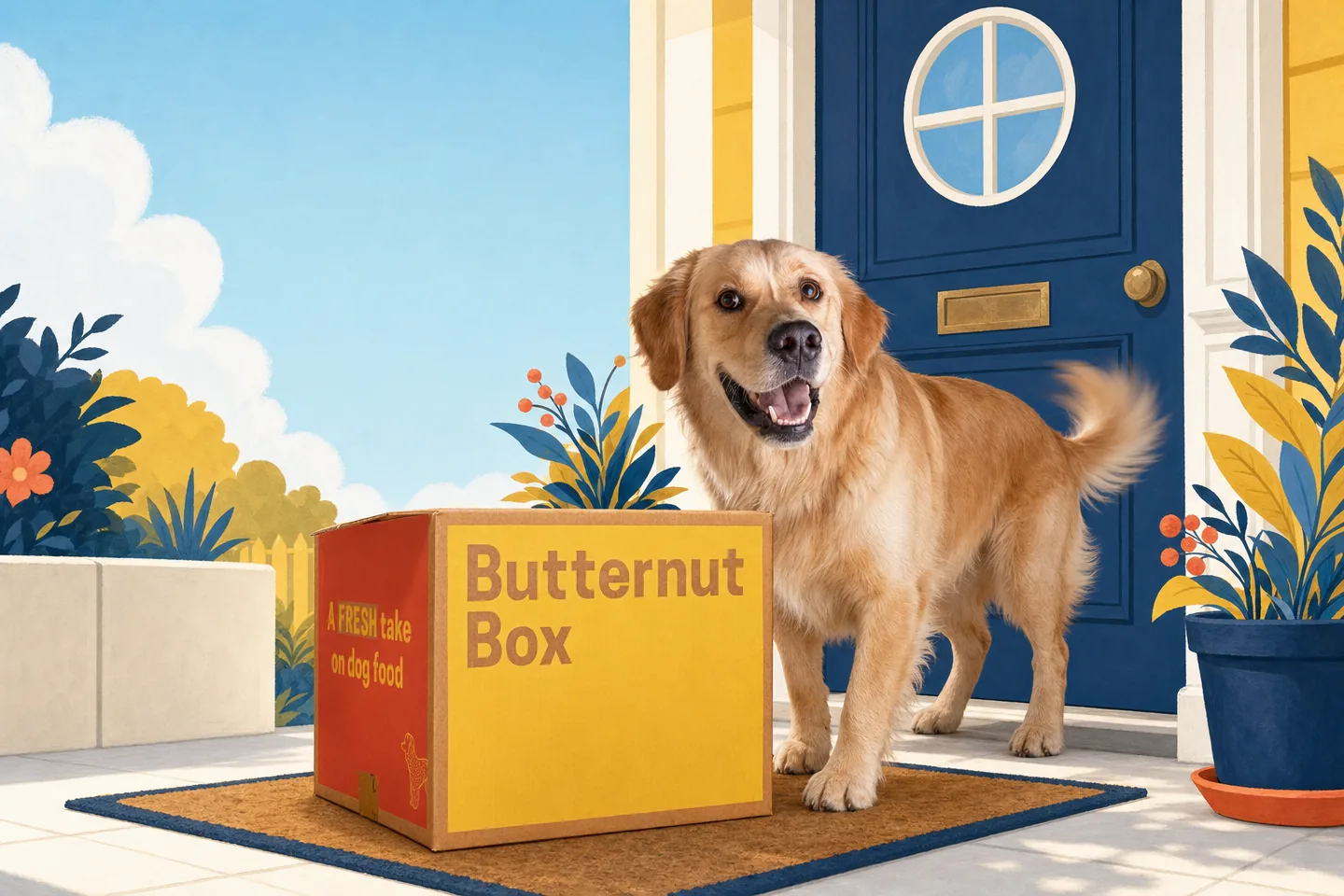 Merlot greeting a real Butternut Box delivery on the porch