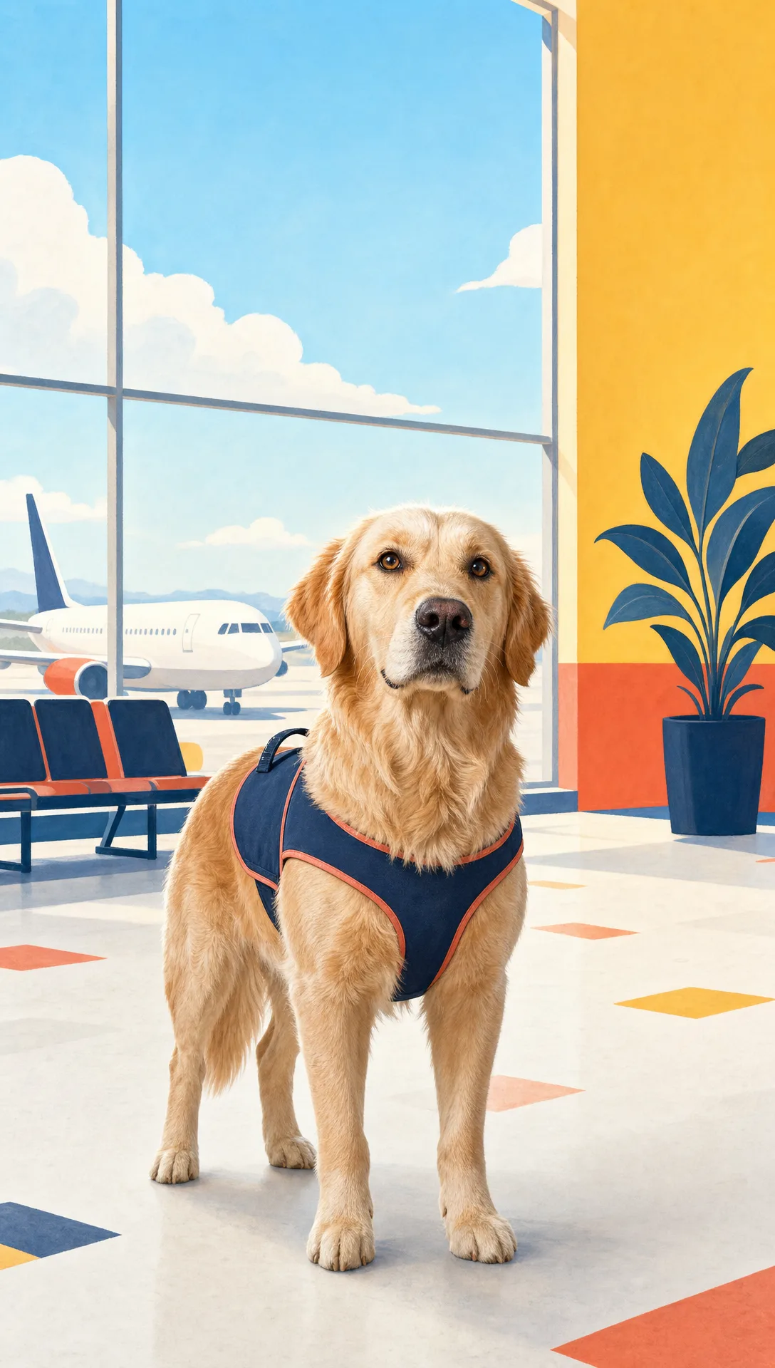 Merlot the Golden Retriever standing calmly at the boarding gate in his service-dog harness, a plane visible through the terminal window behind him